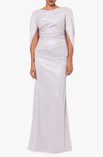 Shop Betsy & Adam Drape Metallic Gown In Taupe/ Silver