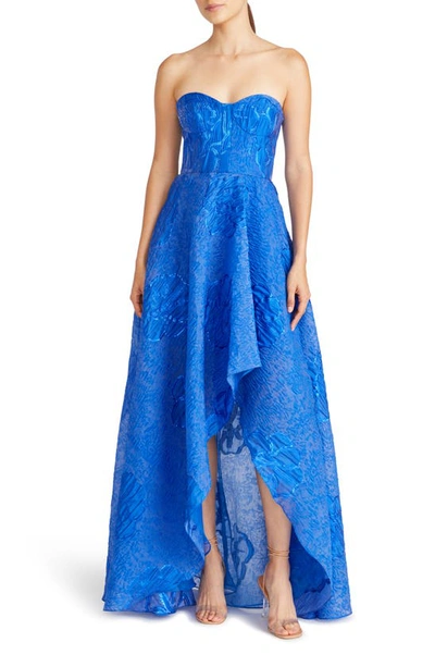 Shop ml Monique Lhuillier Ayla Metallic Floral Jacquard Strapless High-low Gown In Rich Blue