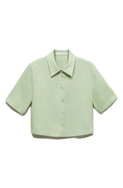 Shop Mango Short Sleeve Linen Button-up Shirt In Pastel Green