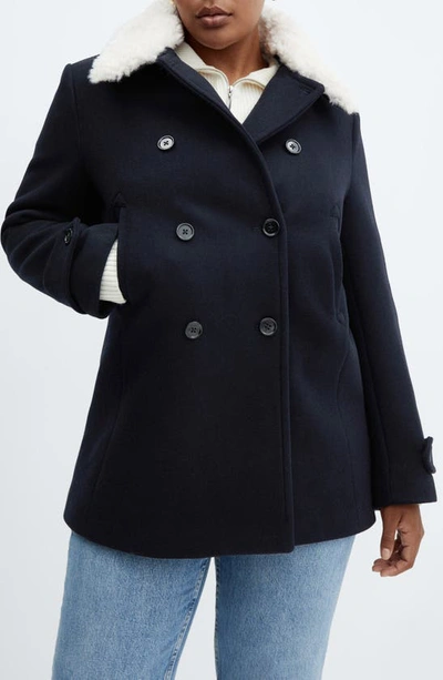 Shop Mango Faux Fur Collar Double Breasted Coat In Dark Navy
