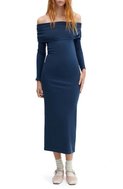Mango Off-the-shoulder Draped Dress Blue In Blue