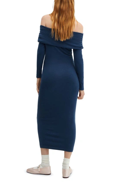 Shop Mango Off The Shoulder Long Sleeve Maxi Dress In Blue
