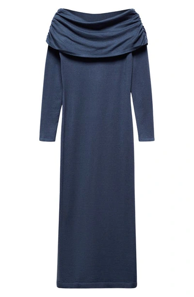 Shop Mango Off The Shoulder Long Sleeve Maxi Dress In Blue