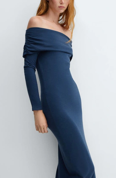Shop Mango Off The Shoulder Long Sleeve Maxi Dress In Blue