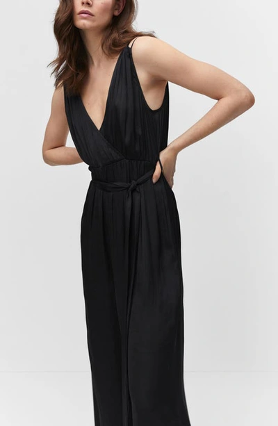 Shop Mango Pleated Satin Wide Leg Jumpsuit In Black