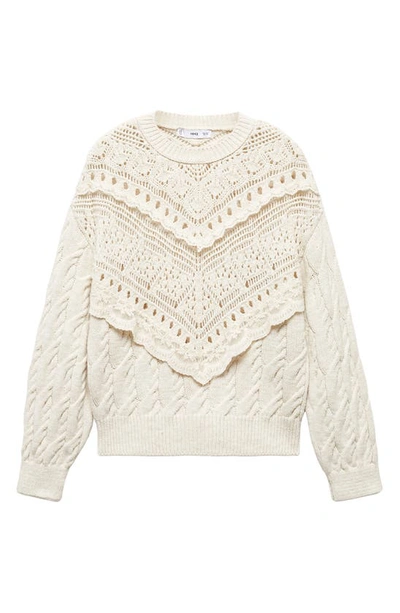 Shop Mango Openwork Lace Cable Stitch Sweater In Ecru