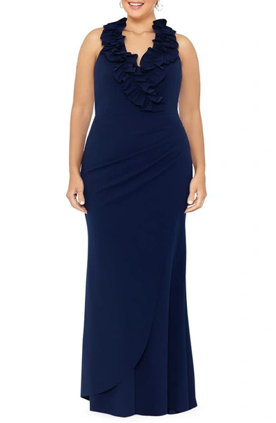Xscape Plus Size Ruffled Gown In Navy