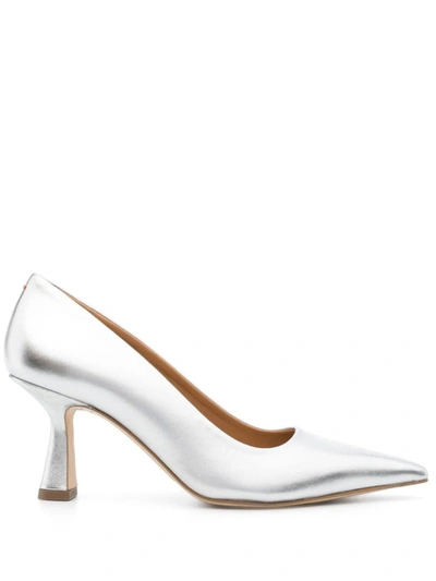 Shop Aeyde Zandra Laminated Nappa Leather Silver Shoes In Grey