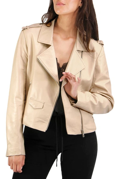 Shop Belle & Bloom Belle And Bloom Just Friends Leather Crop Moto Jacket In Sand