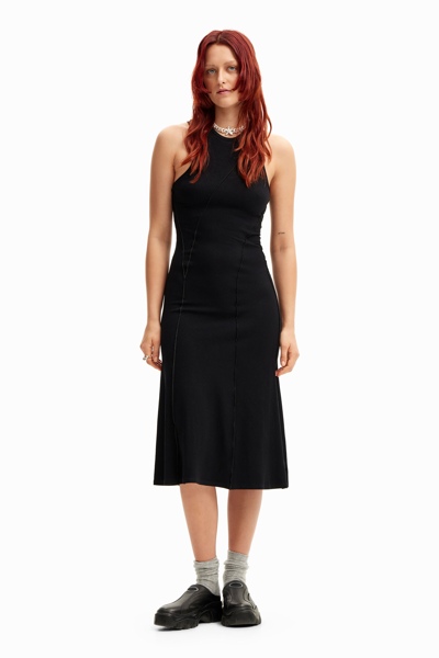 Desigual Ribbed Patchwork Midi Dress In Black