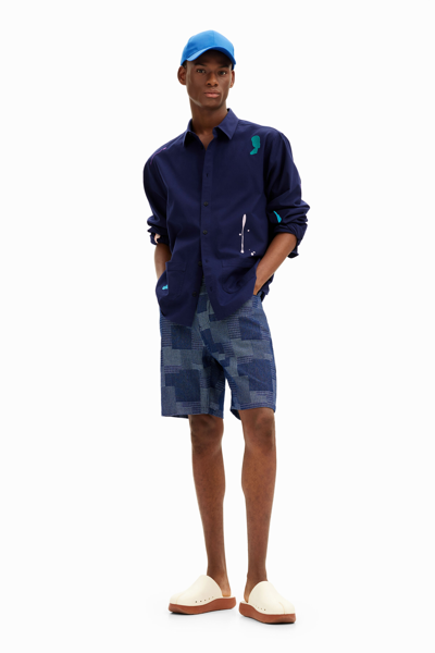 Shop Desigual Linen Patches Shirt In Blue
