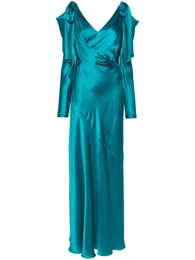 Shop Alberta Ferretti Aqua Green Satin Finish Maxi Dress In Blu