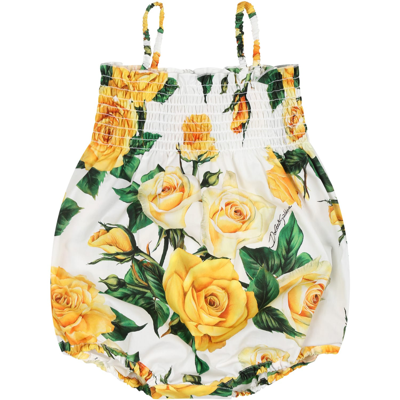 Shop Dolce & Gabbana White Romper For Baby Girl With Flowering Pattern