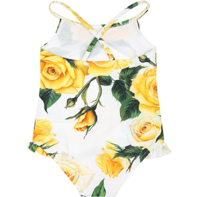Shop Dolce & Gabbana White Swimsuit For Baby Girl With Flowering Pattern