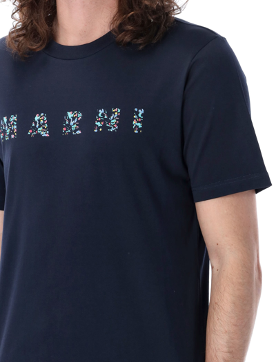 Shop Marni Logo Flowers T-shirt In Navy