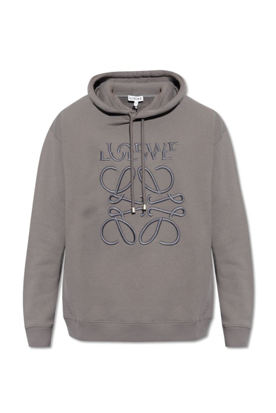 Shop Loewe Logo Embroidered Drawstring Hoodie In Grey