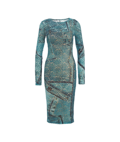 Shop Versace Jeans Couture Patchwork Denim Printed Laced Midi Dress In Blue