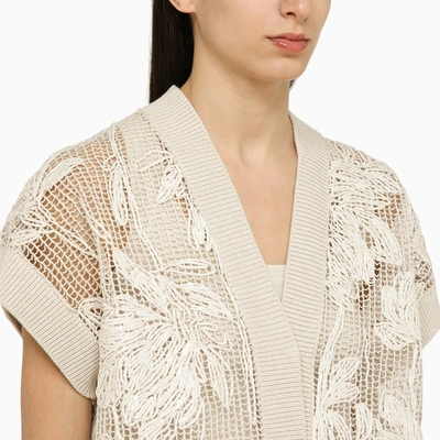 Shop Brunello Cucinelli Oatmeal Coloured Perforated Cotton Cardigan