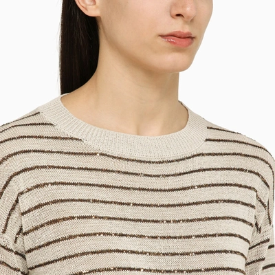 Shop Brunello Cucinelli Oatmeal Striped Cotton Sweater