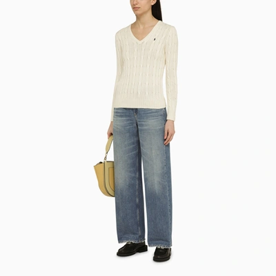 Shop Polo Ralph Lauren Cream Coloured Cotton Cable Knit Sweater With Logo