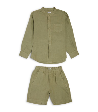 Shop Il Gufo Linen Shirt And Shorts Set (3-12 Years) In Green