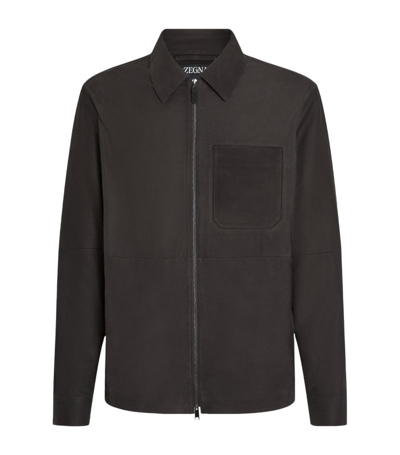 Shop Zegna Leather Nubuck Overshirt In Brown