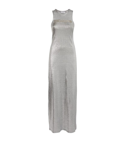 Shop Rabanne Lurex Logo Midi Dress In Silver