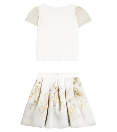 Shop Monnalisa Mikado Embroidered Cotton-blend Top And Skirt Set In White