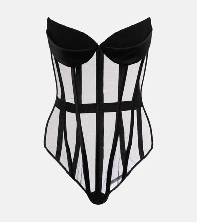 Shop Monot Mônot Cat Eye Corset Tulle Bodysuit In Black