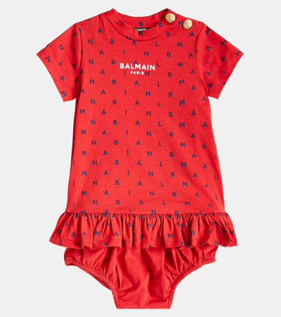 Shop Balmain Baby Logo Cotton Dress And Bloomers Set In Multicoloured