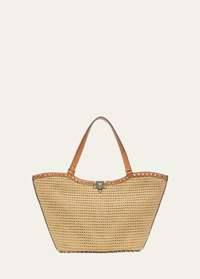 Shop Valentino Rockstud Raffia Garden Tote Bag In Naturale Almond B