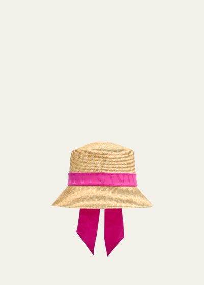 Shop Valentino Toile Iconographe Straw Bucket Hat With Jacquard V-logo Scarf In Yvg Naturale Pink