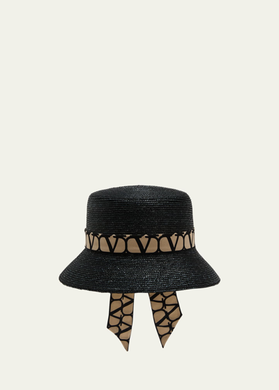 Shop Valentino Toile Iconographe Straw Bucket Hat With V-logo Scarf In Nero Beige Nero