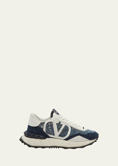 Shop Valentino Lace Denim Vlogo Runner Sneakers In Y3j Light Denim B