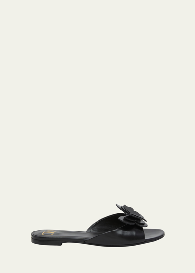 Shop Valentino Butterfly Leather Flat Slide Sandals In 0no Nero