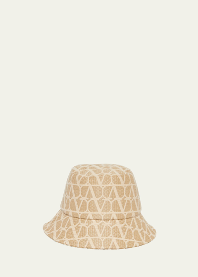 Shop Valentino Toile Iconographe Mixed-media Bucket Hat In Y7g Rafia Avorio