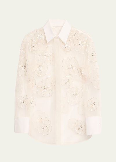 Shop Valentino Floral Sequined Tulle Illusion Blouse In White Silver