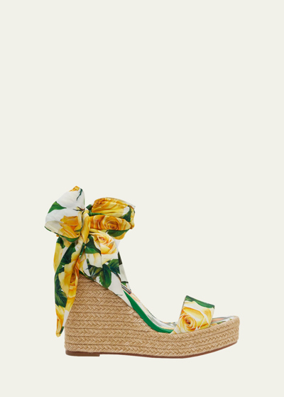 Shop Dolce & Gabbana Floral Silk Ankle-wrap Wedge Espadrilles In Ha3vo Rose Gialle