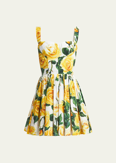 Shop Dolce & Gabbana Yellow Rose Floral Print Mini Dress With Corsetry Construction In White Prt