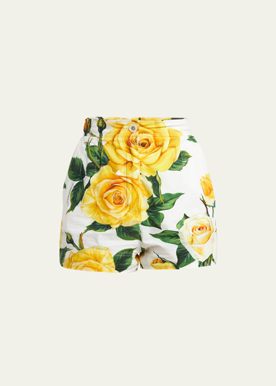 Shop Dolce & Gabbana Yellow Rose Floral Print Shorts In White Prt