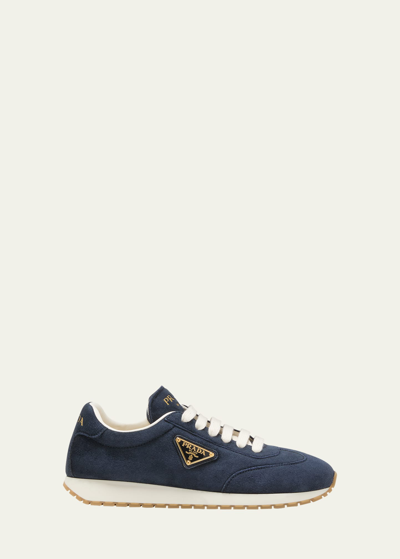 Shop Prada Suede Lace-up Runner Sneakers In Bleu