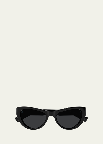 Shop Saint Laurent Sleek Logo Plastic Cat-eye Sunglasses In Shiny Black