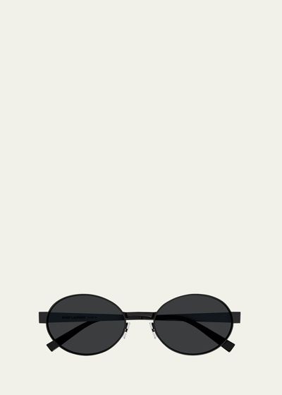 Shop Saint Laurent Logo Metal Oval Sunglasses In Semimatte Black