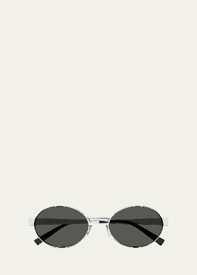 Saint Laurent Logo-engraved Oval-frame Sunglasses In Shiny Silver