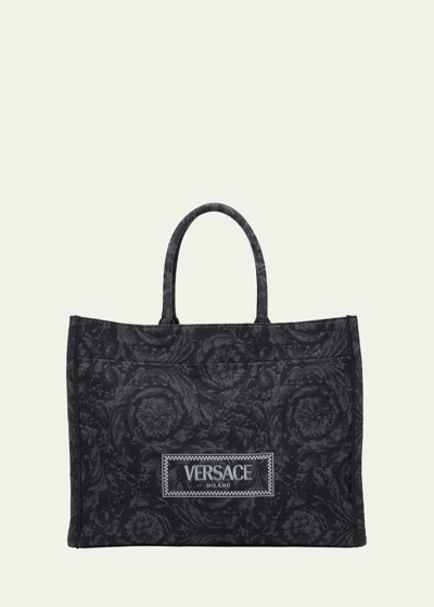 Shop Versace Xl Jacquard Embroidered Canvas Tote Bag In Black  Gol