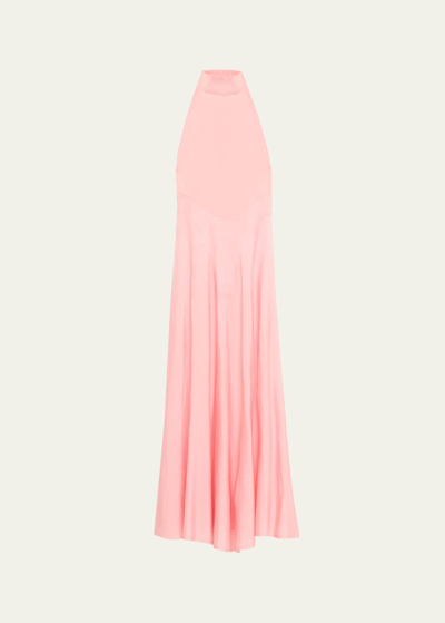 Shop Alaïa Halter Sheer Flared Dress In Rose Quartz