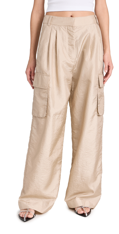 Shop Tibi Crispy Nylon Stella Pleated Cargo Pants Desert Sand