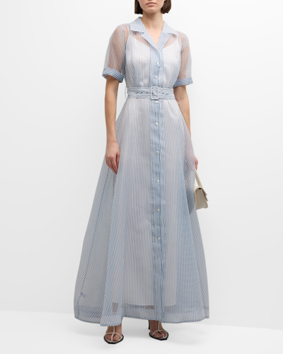 Shop Staud Millie Short-sleeve Belted Organza Dress In Ivory Micro Strip