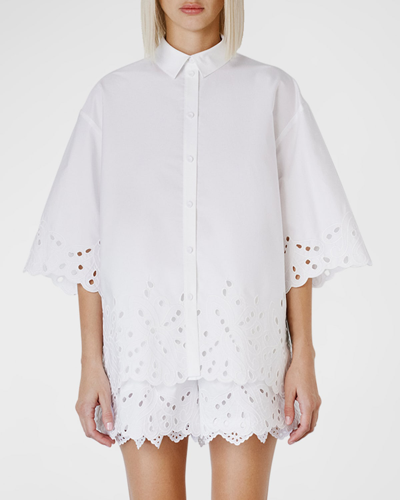 Shop Dice Kayek Eyelet Embroidered Short-sleeve Oversized Collared Shirt In White