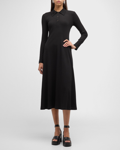 Shop Rosetta Getty Long-sleeved A-line Midi Polo Dress In Black